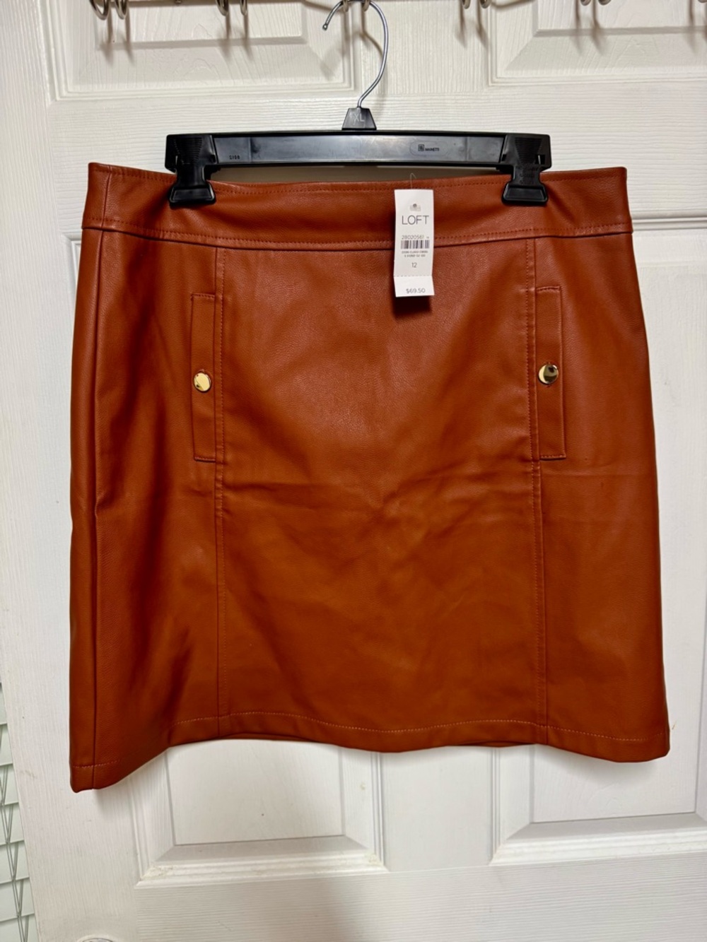NWT Anne Taylor LOFT Faux Leather Midi Skirt Cognac/Rust w/ Gold Buttons 12
